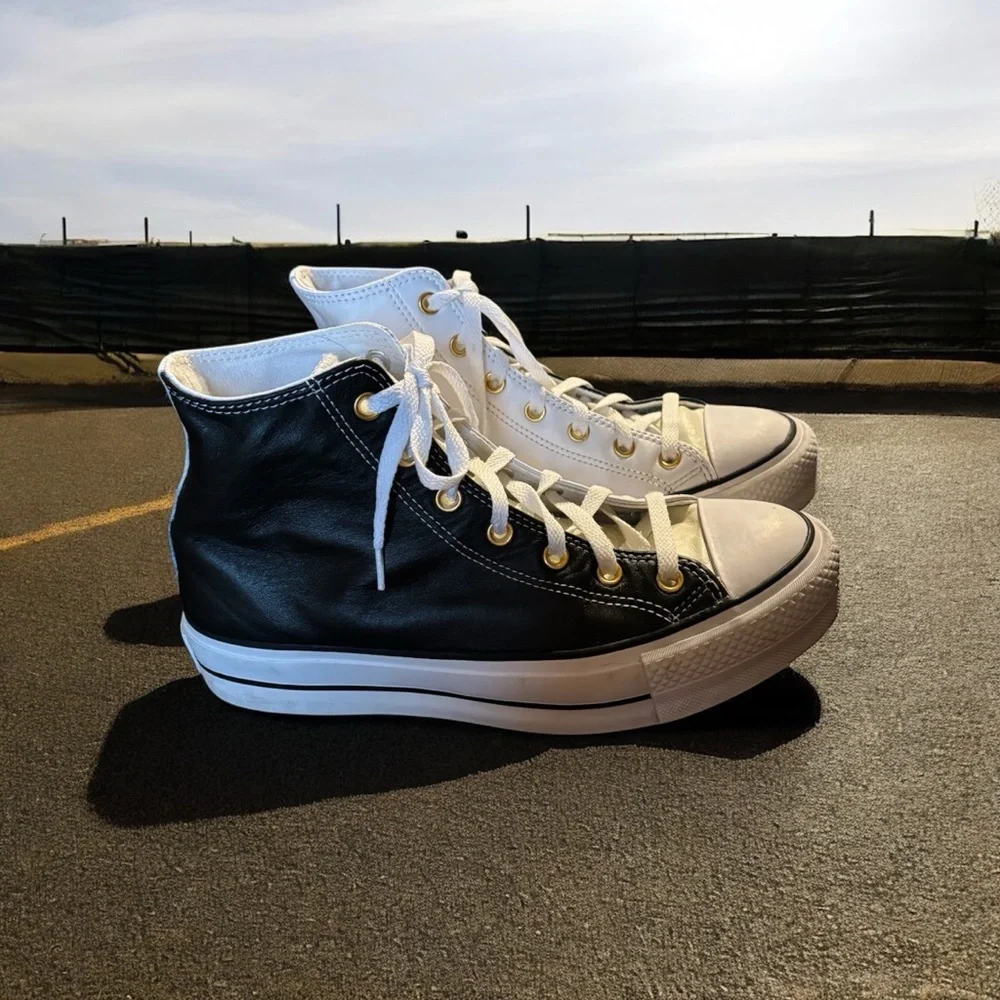 Converse All Star Two Tone High Top Leather Sneakers Black/White/Cream.